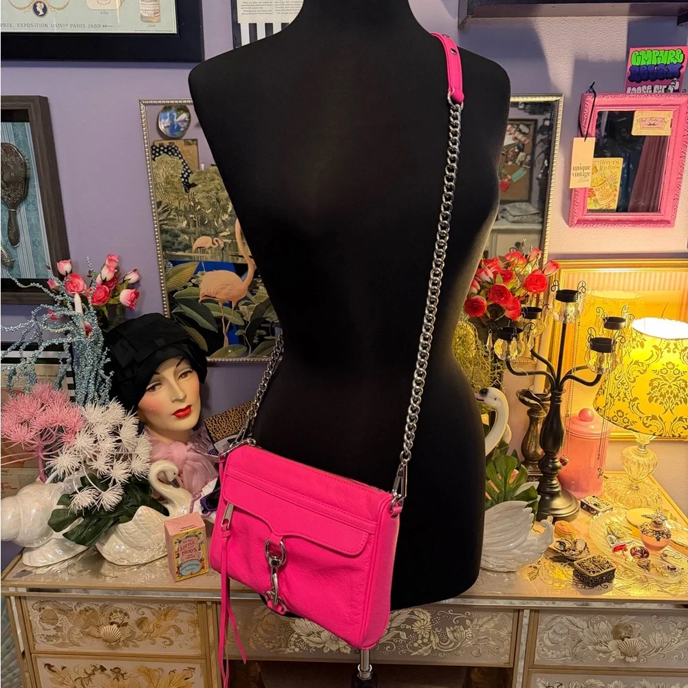 Rebecca Minkoff Mini M.A.C Electric Pink Leather Crossbody Bag Purse Chain Strap - Picture 3 of 17